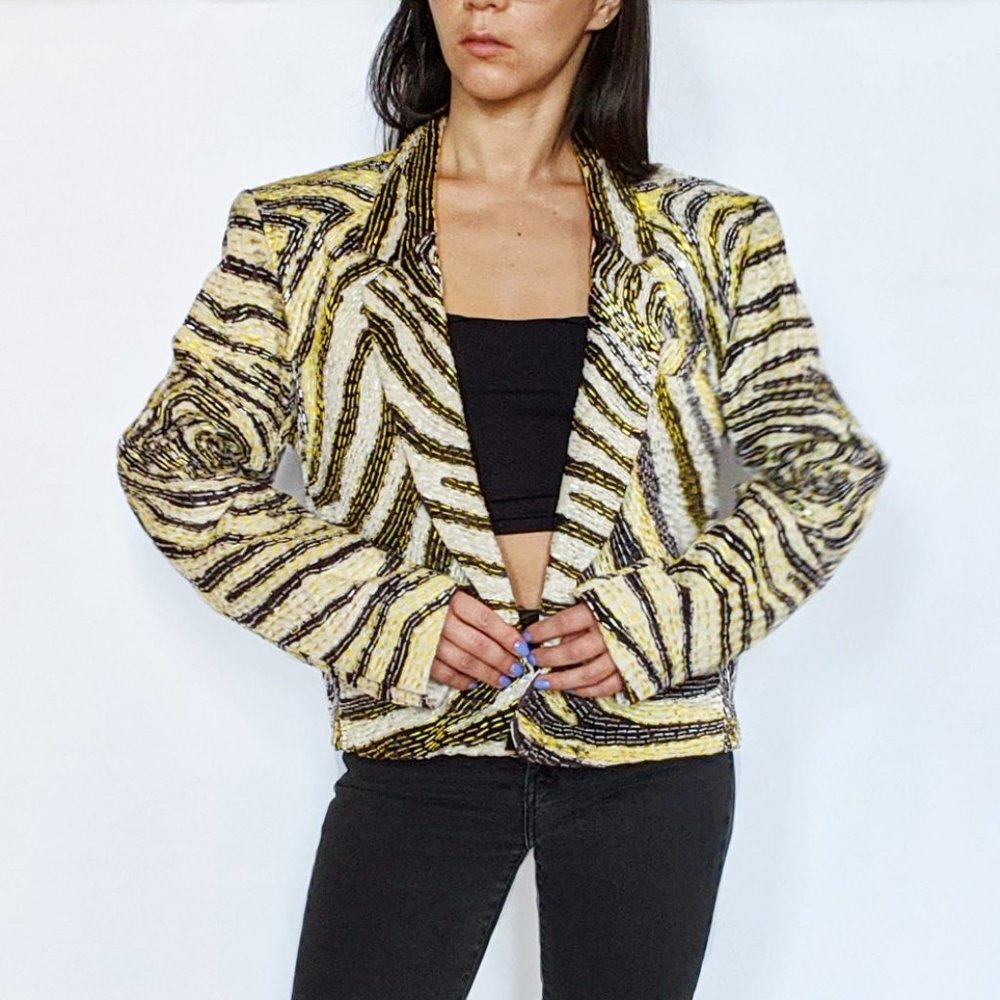 Vintage yellow & black hand-made beaded jacket
